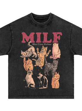 爱猫猫的人 美式重磅水洗做旧纯棉宽松长短袖t恤男女卫衣tee