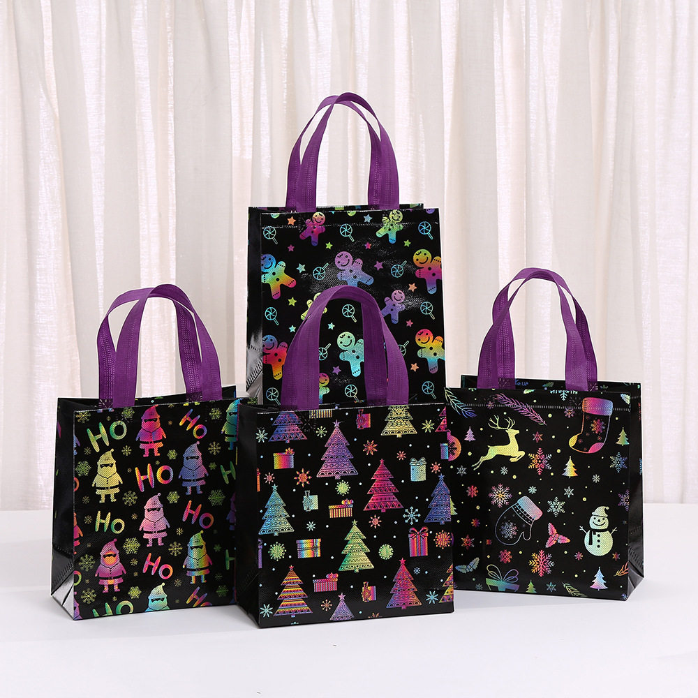 新品镭射圣诞节手提无纺布购物袋节日聚会派对卡通礼品糖果包装袋