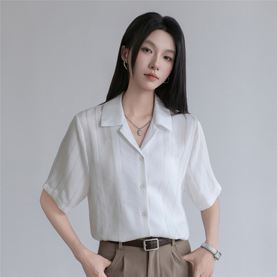 【送退货宝】白色短袖古巴领衬衫