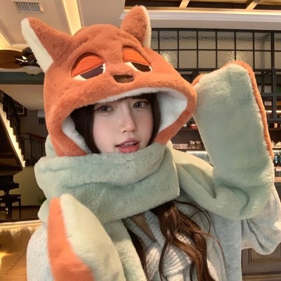 秋冬季火狐尼克保暖毛绒帽子围巾手套三件套女可爱卡通疯狂动物城
