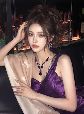 欧美奢华紫色锁骨链耳环套装