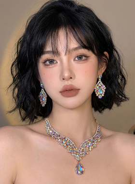 金色锆石新娘礼服项链耳环套装