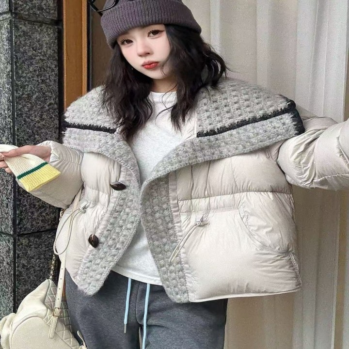 2025新款针织拼接大翻领羽绒服女