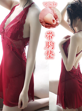 性感带胸垫睡衣女吊带夏露背家居服深V背心夏季诱惑大码蕾丝睡裙