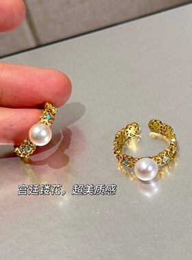 宫廷复古镂花戒指7-8天然高品淡水珍珠人工绿松镶嵌韵味中式女性
