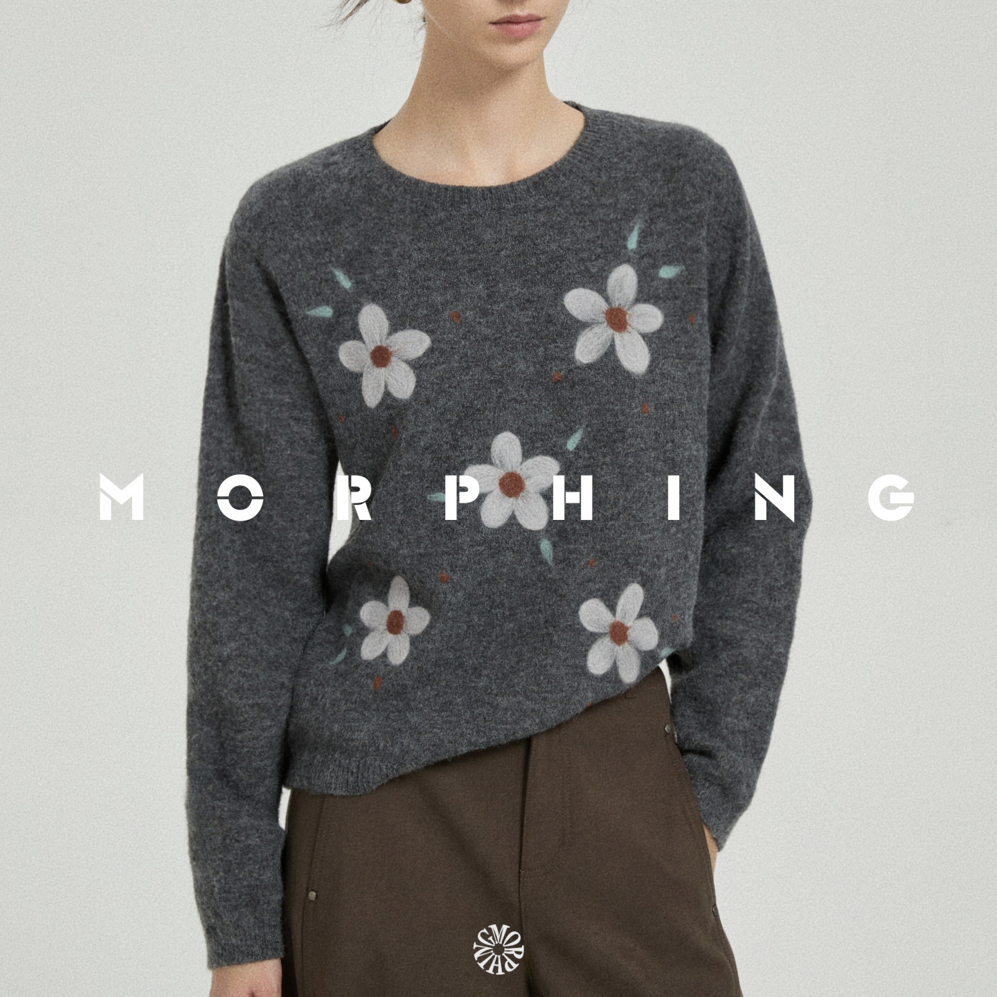 茉斐MORPHING原创冬季针刺毛毡绣花毛衣圆领宽松套头上衣内搭女