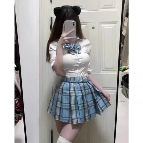 jk制服格裙【聆泉】学院风女百褶裙短裙浅蓝色夏学生百搭款校园风