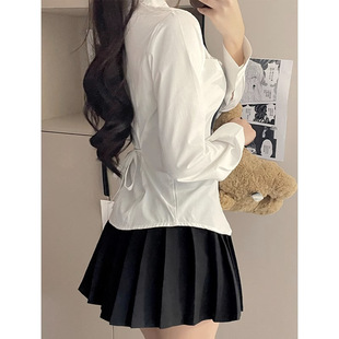 jk制服纯欲风辣妹收腰长袖衬衫女学院风绑带修身显瘦上衣白色衬衣