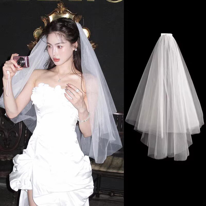 头纱简约素纱领证白短款新娘婚礼高级感双层头纱轻婚纱求婚