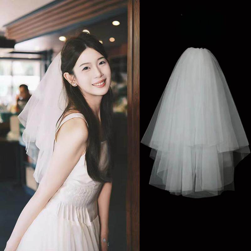 白色头纱头饰领证求婚拍照道具新娘结婚订婚登记蕾丝头纱蓬蓬小短