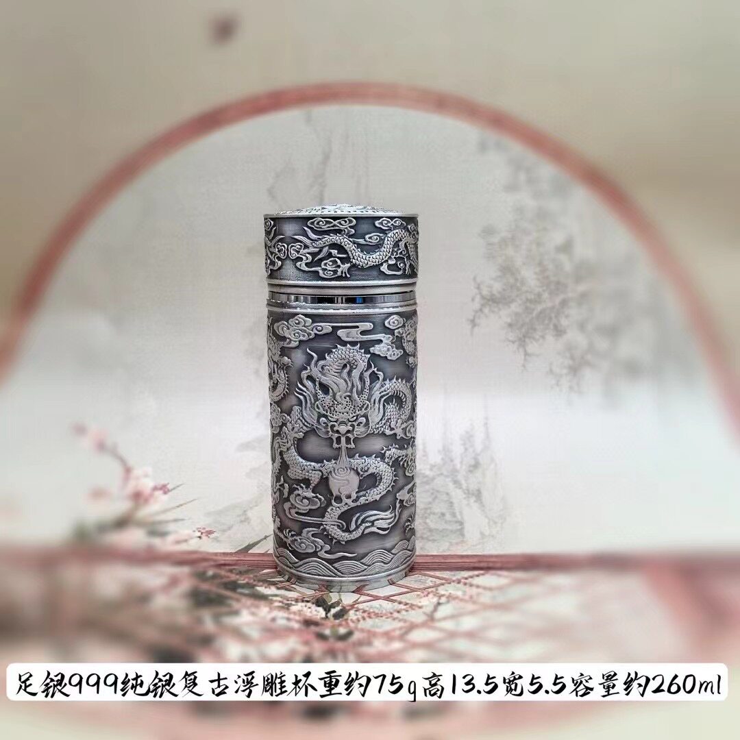 银杯子s999纯银内外雪花银足银杯食用级银水杯百福心经九龙保健杯