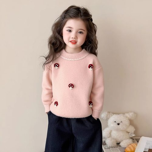 女童毛衣冬2025新款水貂绒加厚加绒儿童针织打底衫女大童红色上衣