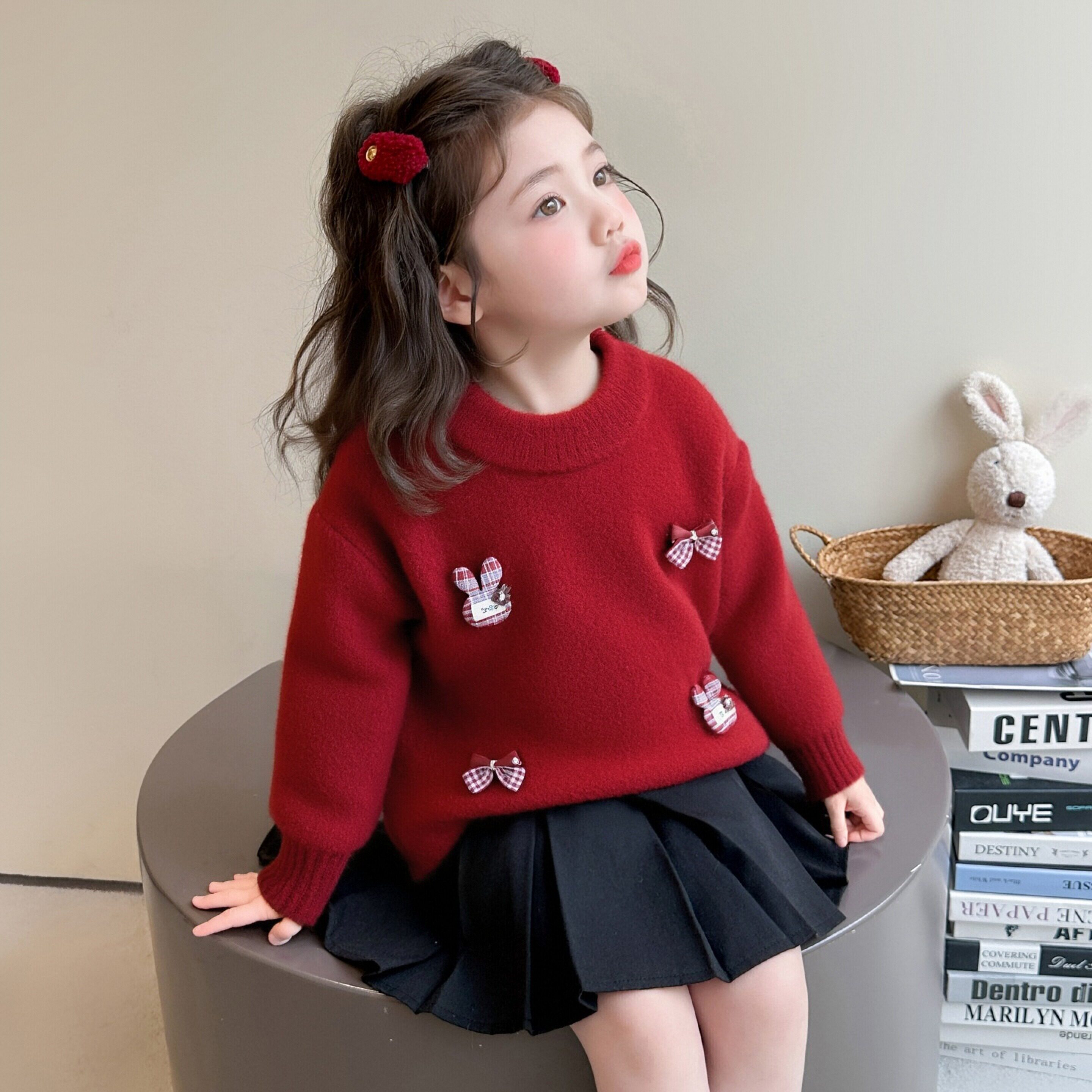女童红色毛衣冬季2025新款加厚儿童新年针织衫女宝宝卡通洋气年服