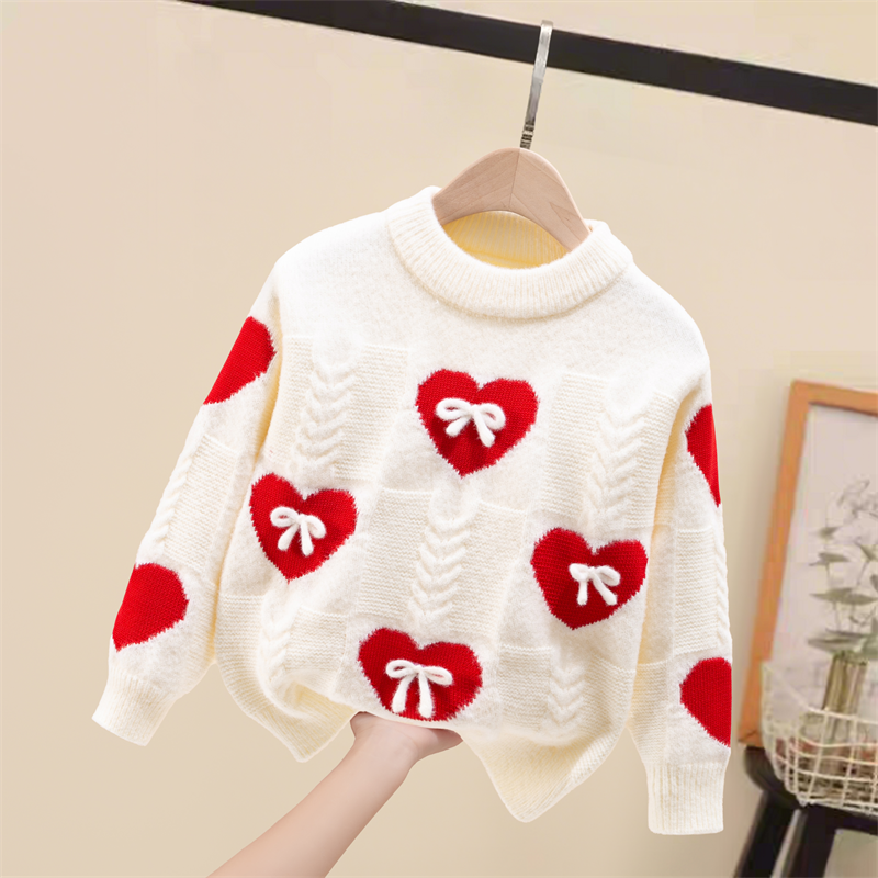 女童毛衣冬季加厚2025新款儿童针织衫中大童白色线衣加绒打底上衣