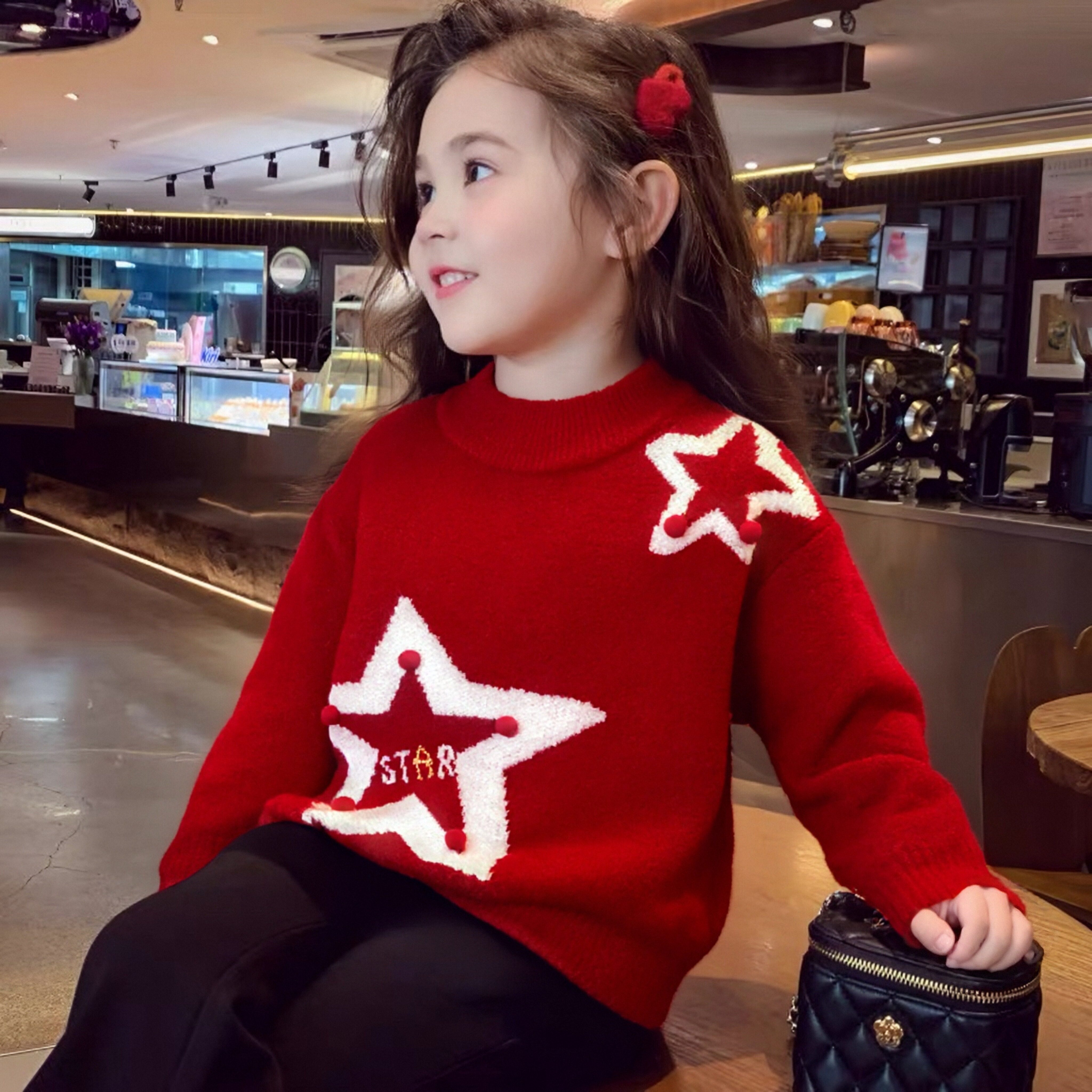 女童毛衣冬季2025新款加厚红色新年过年服女大童本命年儿童针织衫