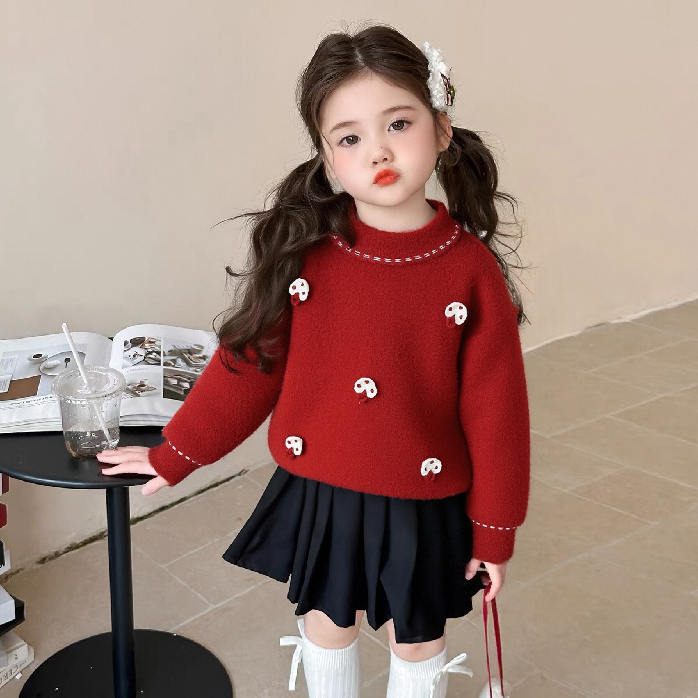 女童毛衣冬季2025新款儿童针织打底衫女宝宝内搭加厚绒红色新年服