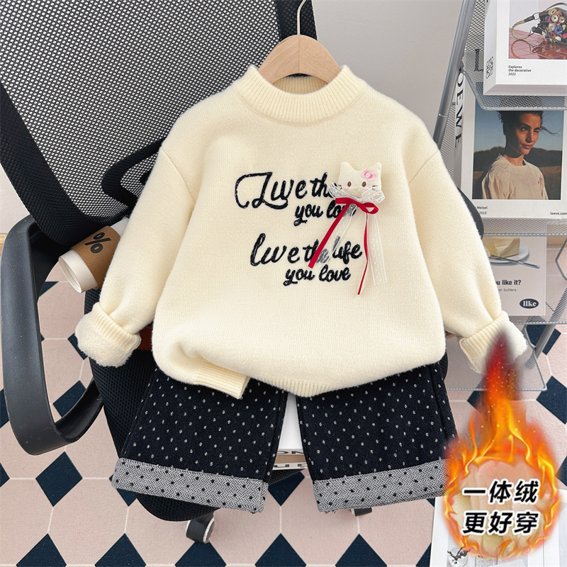 女童毛衣2025新款冬季加绒儿童针织衫中大童加厚保暖一体绒打底衫
