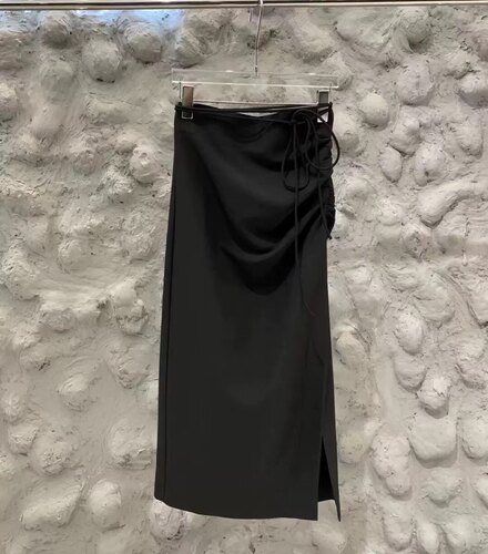 原创女装2025春夏新款抽褶绑带包臀半身裙修身显瘦侧开叉气质长裙