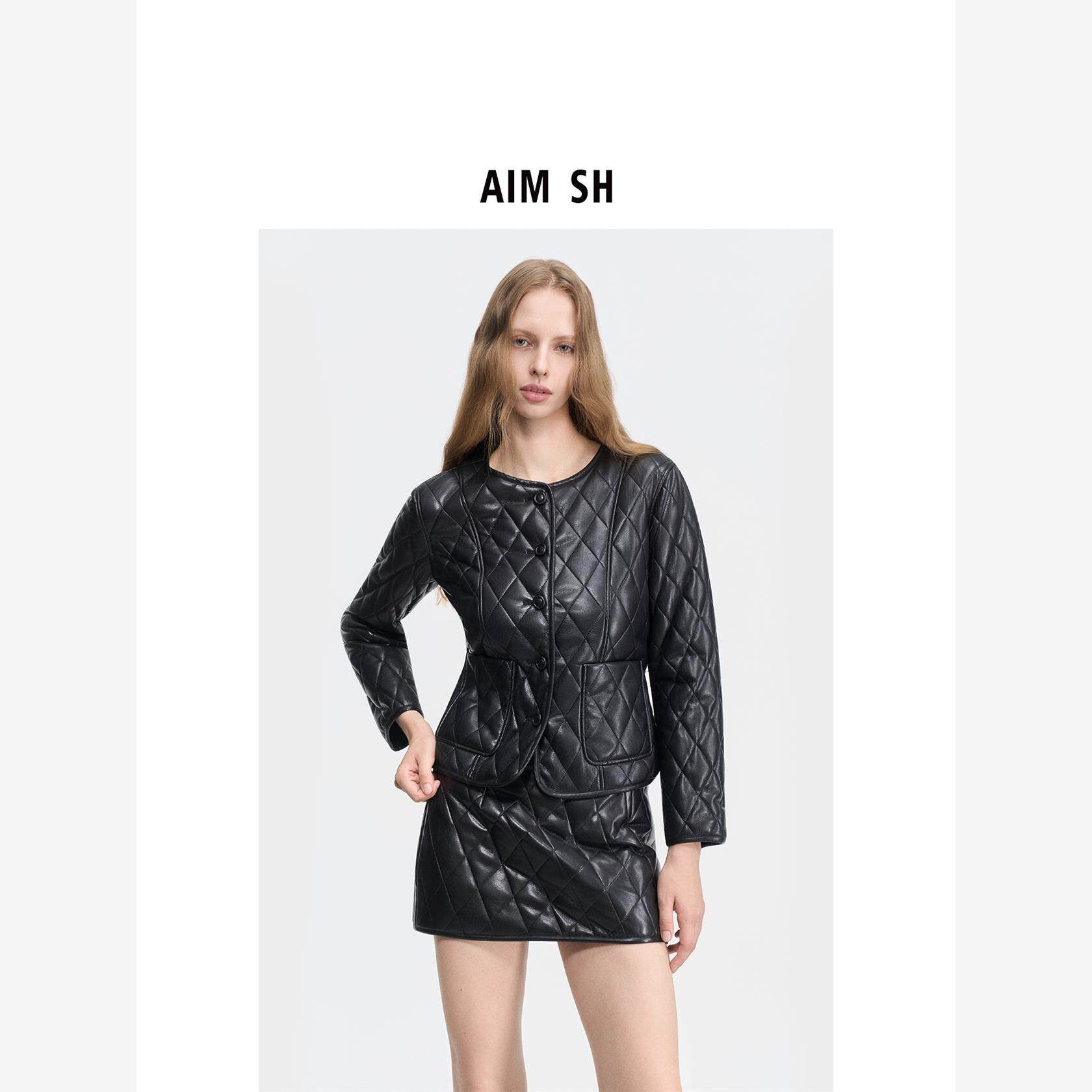【新品】AIM SH女士 黑色夹棉柔软菱格皮香分皮棉服外套