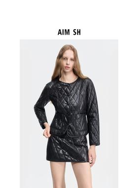 【新品】AIM SH女士 黑色夹棉柔软菱格皮香分皮棉服外套
