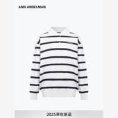 新款 设计师ANN ANDELMAN秋季 POLO领条纹毛织针织上衣