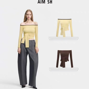 新品 长袖 AIM 撞色一字肩腰部打结修身 上衣 SH女士