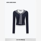 设计师ANN 早秋单穿上衣 女假两件绑带气质修身 ANDELMAN长袖 针织衫