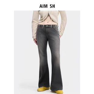 黑灰擦脏水洗微喇牛仔裤 SH女士 AIM 长裤 明星同款