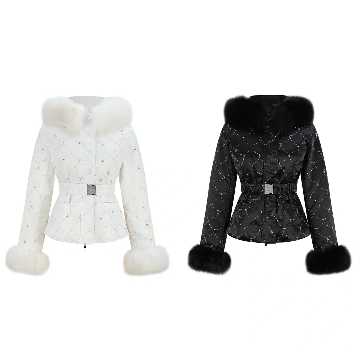 LJOS | 短款羽绒服外套水钻装饰毛毛领2025冬黑色白色女收腰