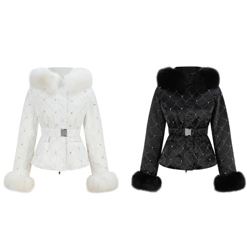 LJOS | 短款羽绒服外套水钻装饰毛毛领2025冬黑色白色女收腰