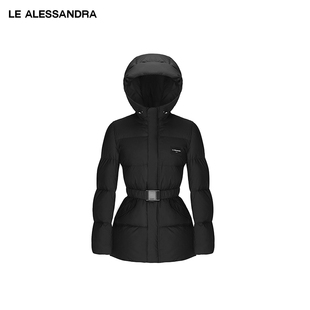 设计师LE ALESSANDRA黑色连帽中长款松紧收腰带织麦装饰羽绒服
