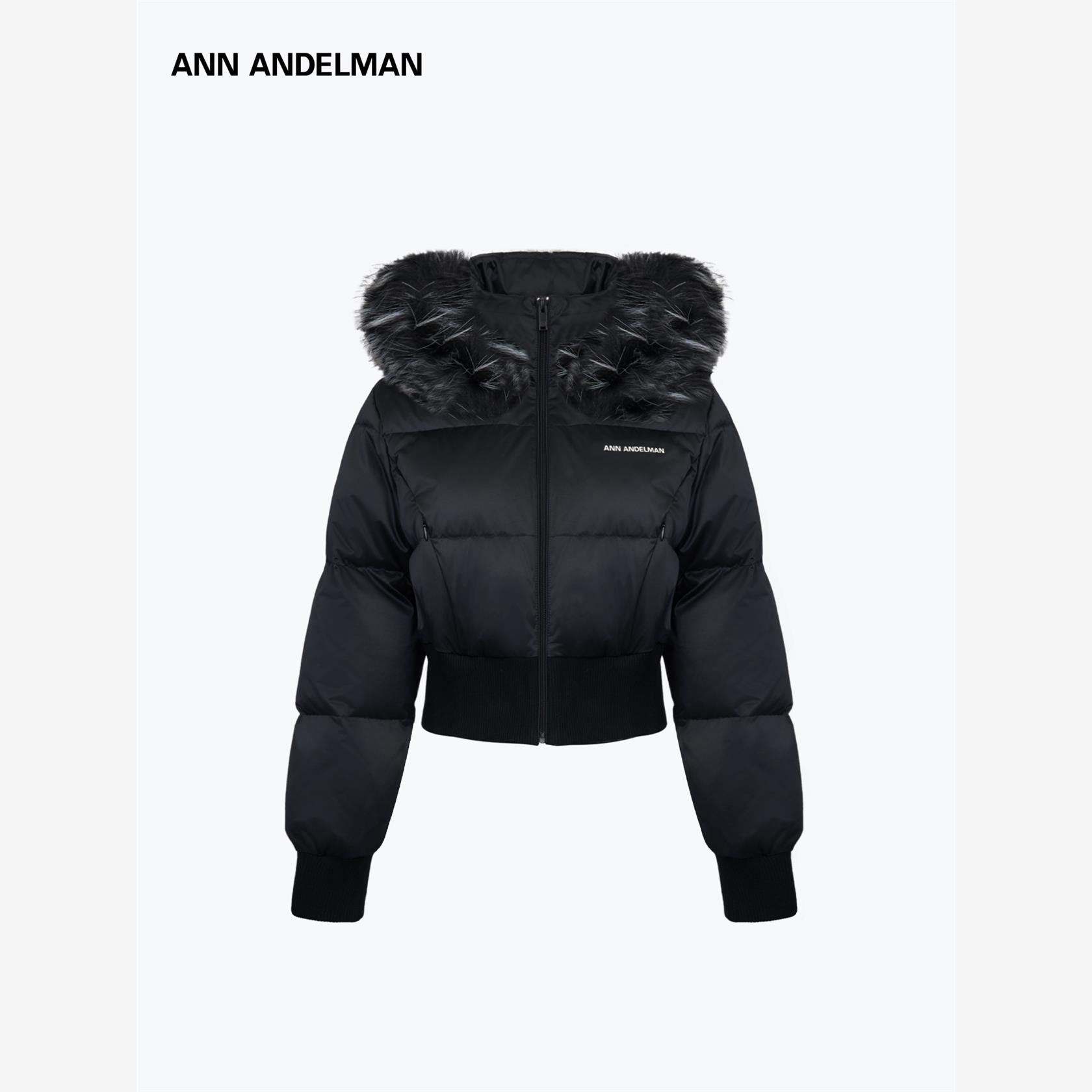 设计师ANN ANDELMAN开拆卸毛绒领连帽羽绒服短款罗纹收口保暖外套