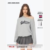 设计师ANN ANDELMAN发泡印花斜领单肩卫衣女套头露肩上衣