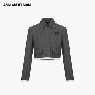 设计师ANN ANDELMAN2025秋季新款灰色休闲拼接短款西装外套女
