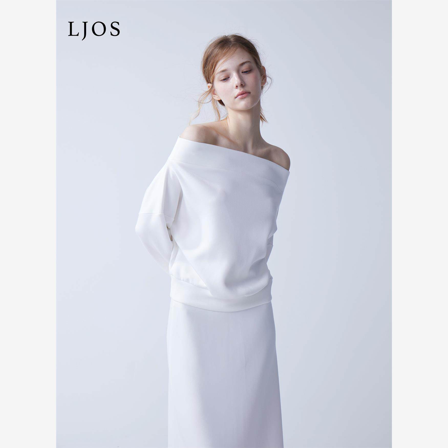设计师LJOS｜一字肩休闲卫衣上衣云朵白樱花粉25早秋长袖露肩上衣