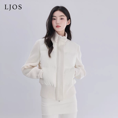 LJOS | 白玉色毛呢针织拼接羽绒服2025冬简约短款女外套休闲风