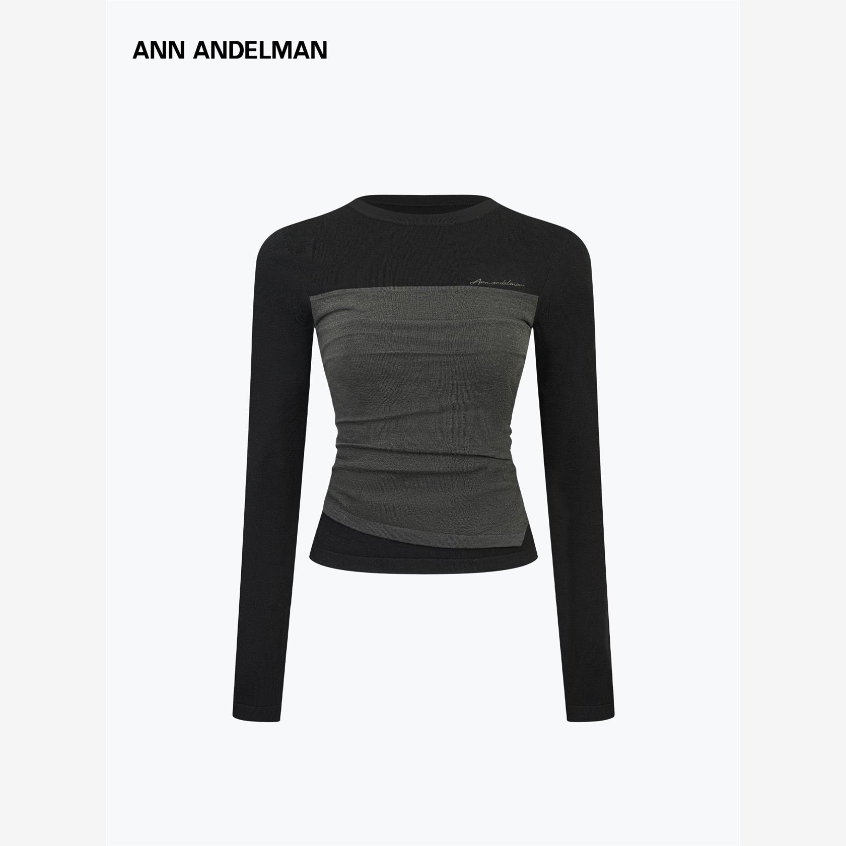设计师ANN ANDELMAN秋冬长袖t恤女修身内搭撞色假两件毛织打底衫