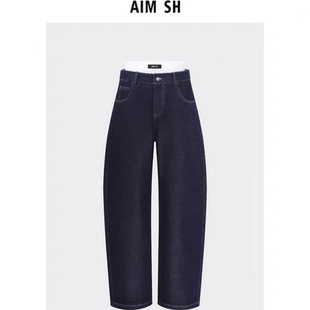 新品 牛仔裤 AIM 原牛双腰弯刀裤 阔腿宽松长裤 SH女士