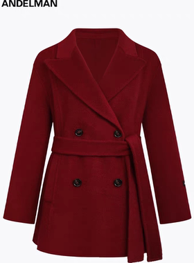 ANN ANDELMAN新年战袍红色双面呢大衣双排扣腰带中长款毛呢外套女