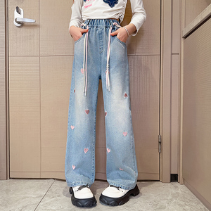 女童阔腿裤春秋新款2024绣花宽松直筒裤休闲牛仔裤女孩春装长裤子
