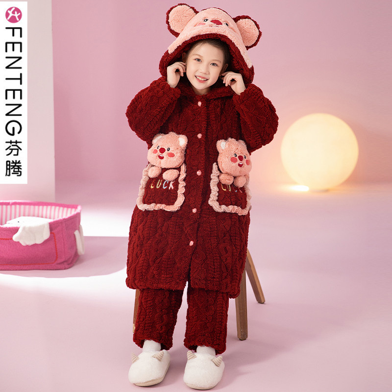 新款儿童睡袍套装三层夹棉冬季