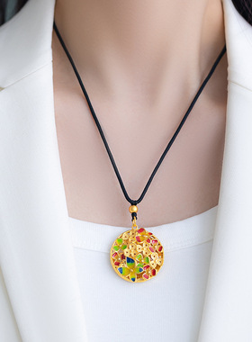 新中式民族风复古珐琅彩蝶恋花吊坠镂空花丝挂坠春季黑绳项链