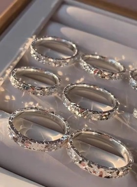 足银9999三面碎冰冰闭口戒指女轻奢感cnc精工爆闪纯银指环潮