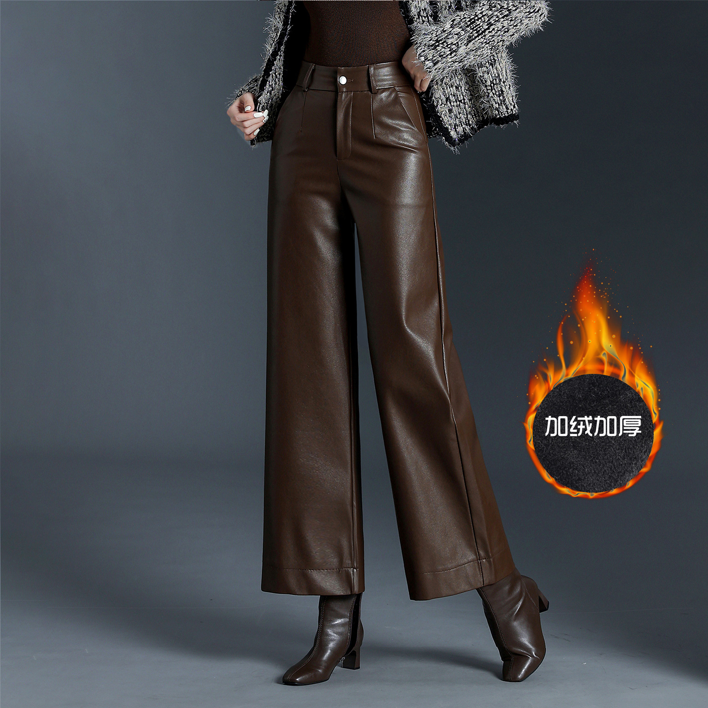 加绒加厚外穿皮裤女秋冬2025新款高腰阔腿裤显瘦宽松直筒裤九分裤