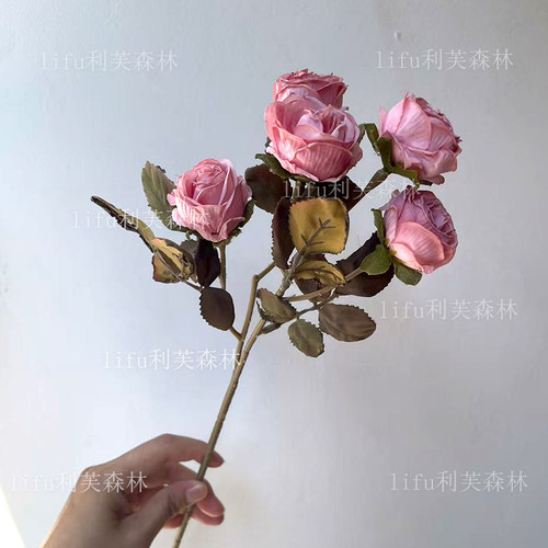 焦边玫瑰仿真花秋色复古手捧花