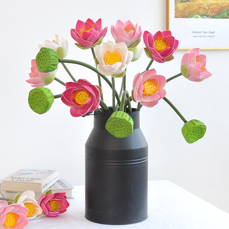 仿真高枝荷花假花EVA莲花鱼池造景PU莲蓬假花植物荷花仿真花造景