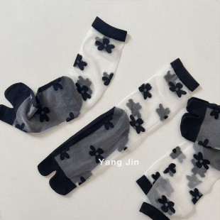 水晶玻璃丝花朵分趾袜ins网红同款 春夏季 镂空二趾袜透明中筒袜