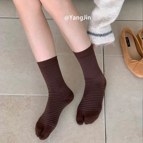 韩系复古细条纹分趾袜无骨中筒二趾袜女秋季搭配tabi分趾鞋袜