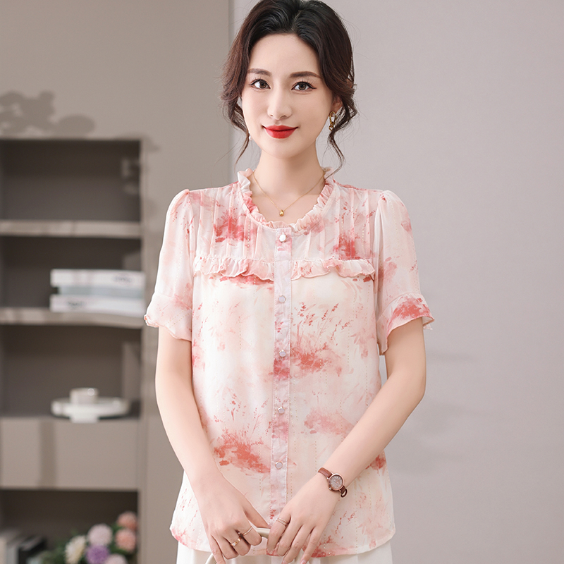 新款妈妈短袖雪纺小衫宽松上衣春季2025新款中老年女套装夏装衬衫
