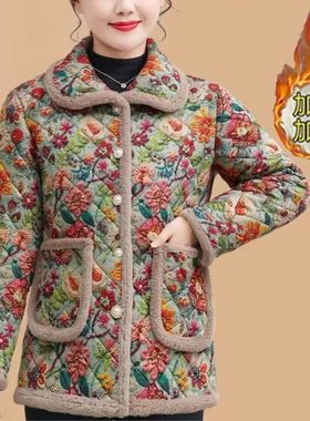 妈妈加绒衬衫领外套中老年女装秋冬短款棉衣灯芯绒轻薄保暖小棉袄